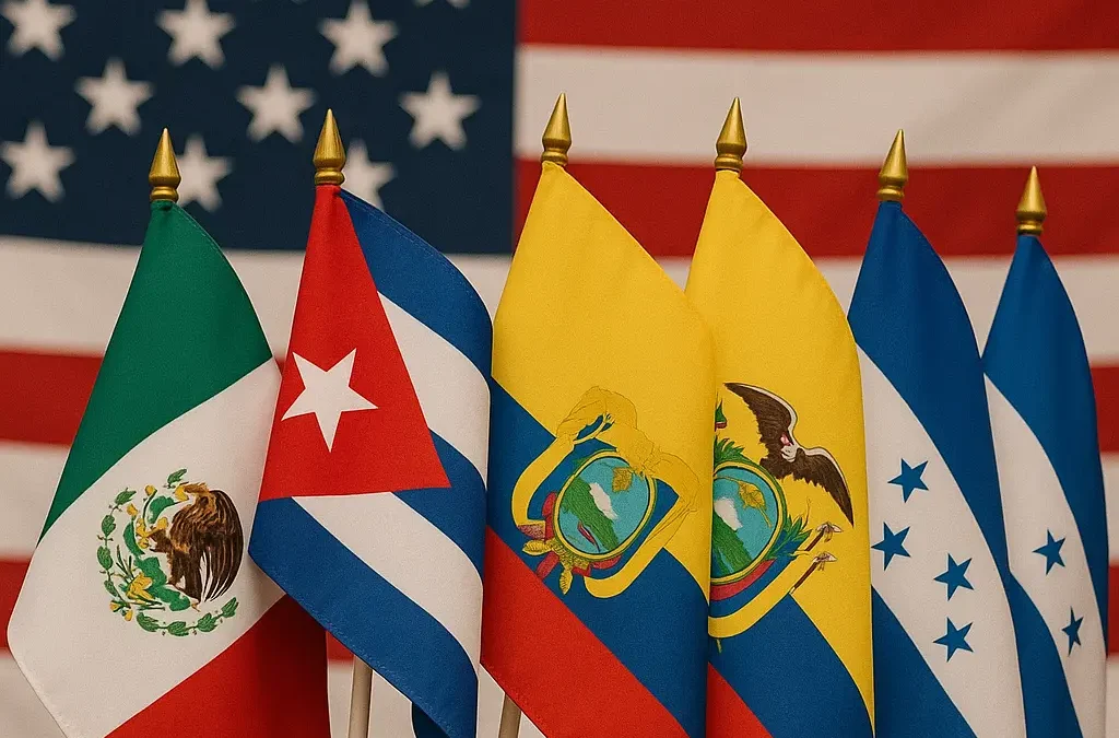 banderas de migrantes latinoamericanos, y de fondo la bandera de estados unidos